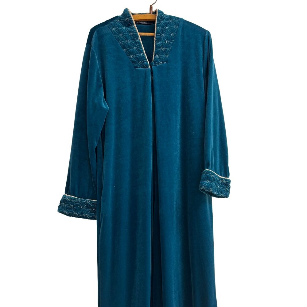 Vintage Jasmine Rose Velvet Robe Women M/L Green Embroidered Kimono Sleepwear